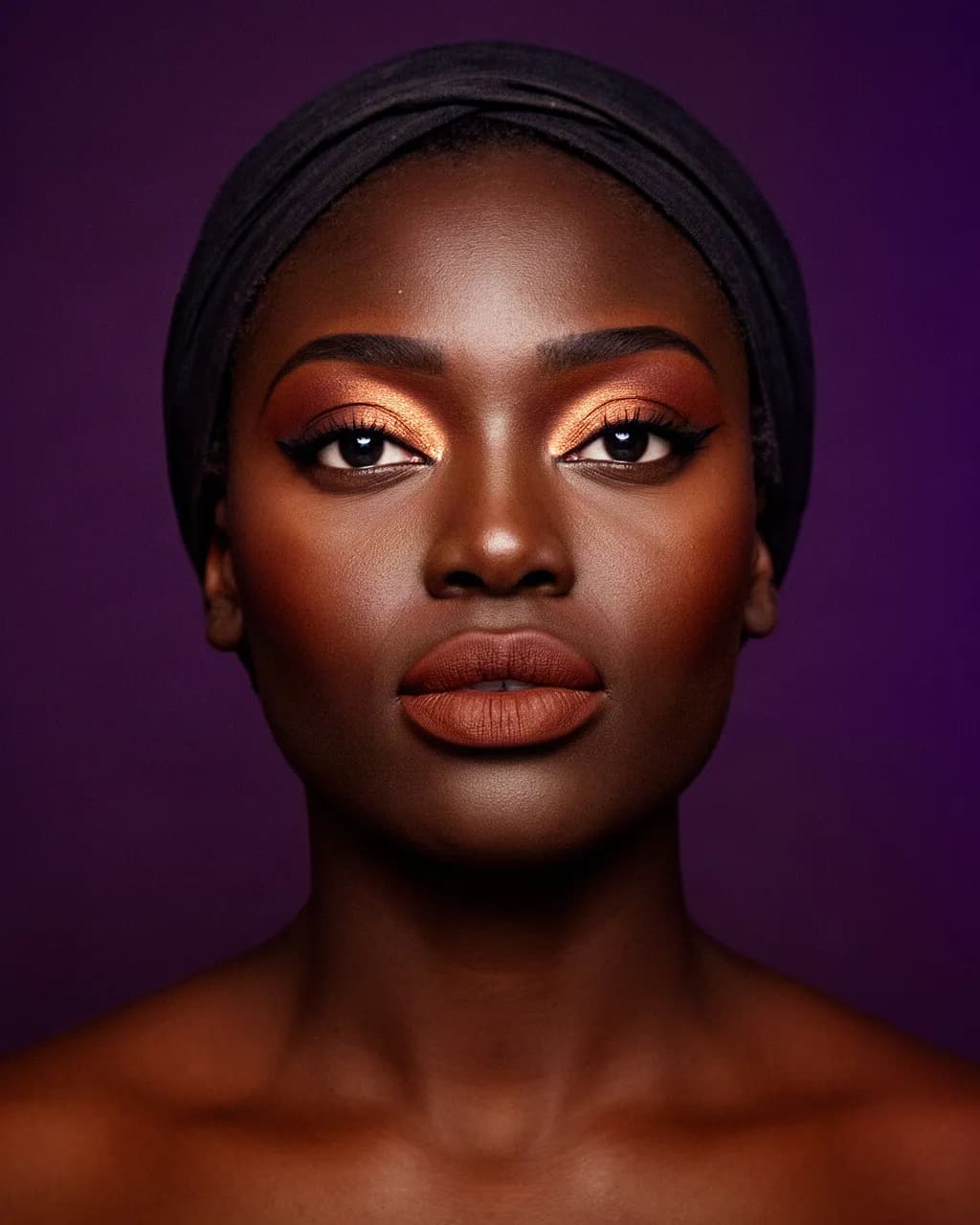Portrait d’une femme maquillée : trait d’eyeliner, lèvres profondes, lumière de fin de journée