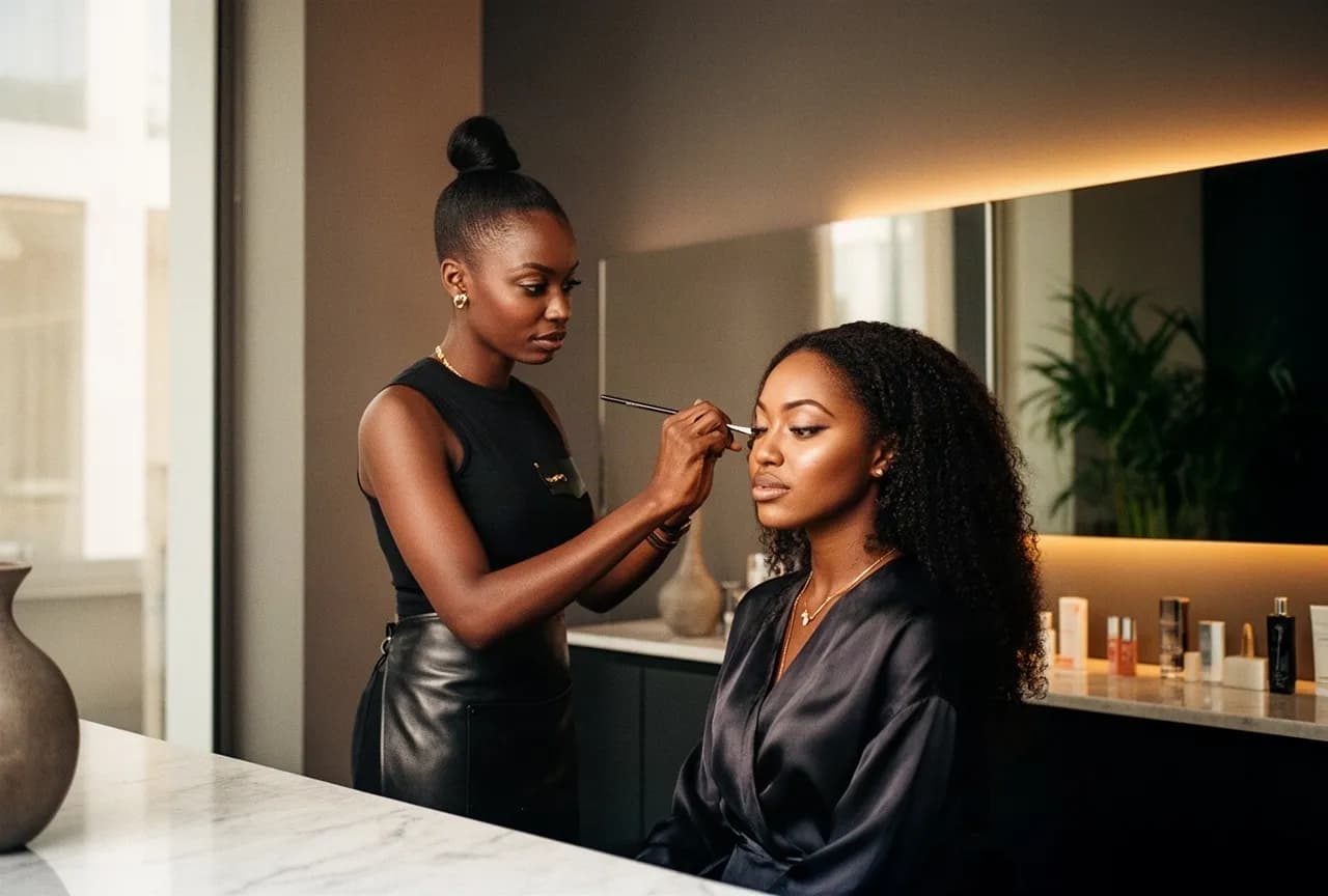 Une maquilleuse termine le maquillage d’une cliente dans son studio