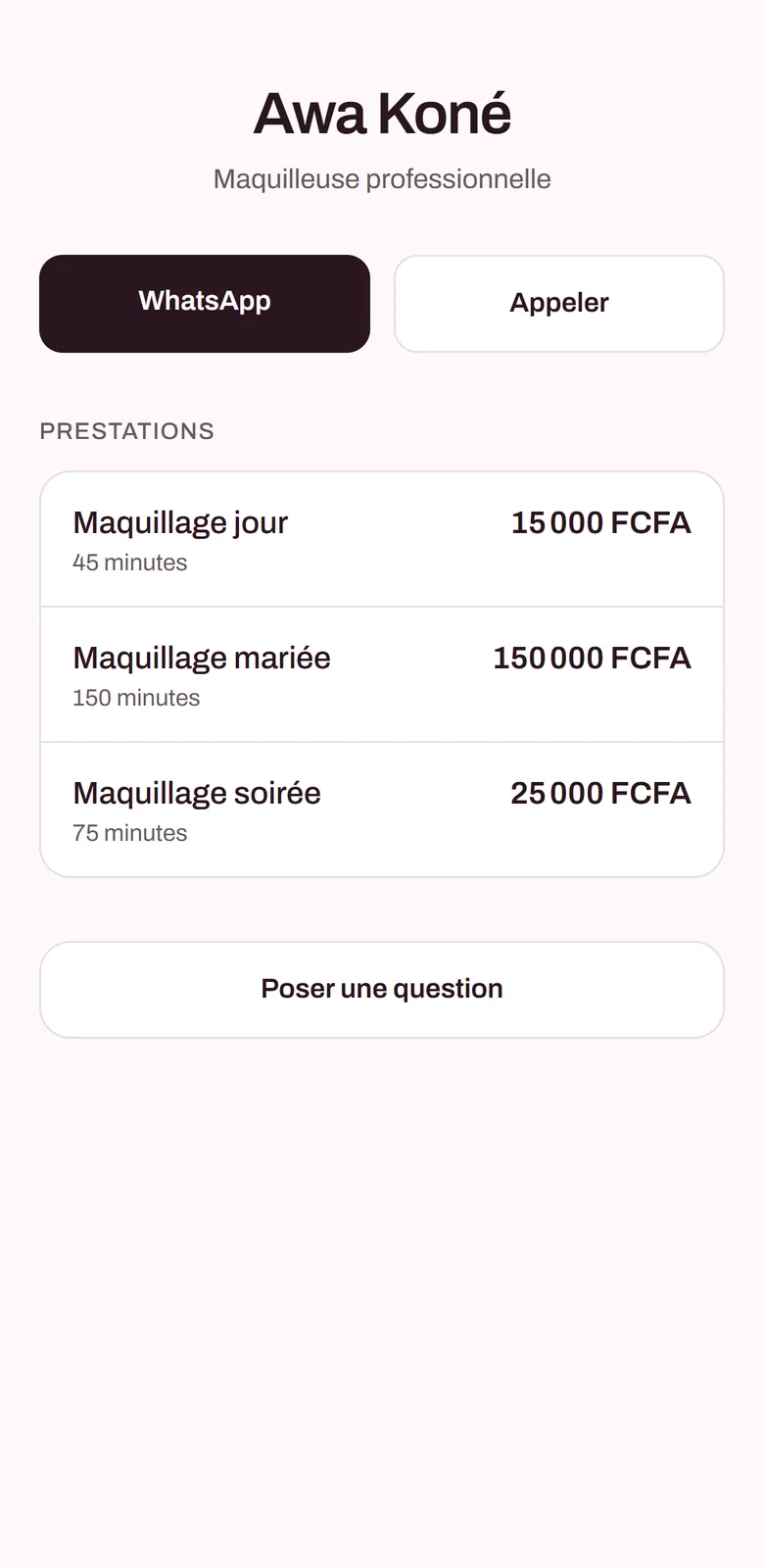 La page publique d’une maquilleuse